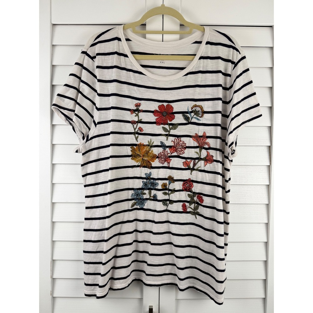 Loft T Shirt XXL White Striped Floral Embroidered Short Sleeve Cotton